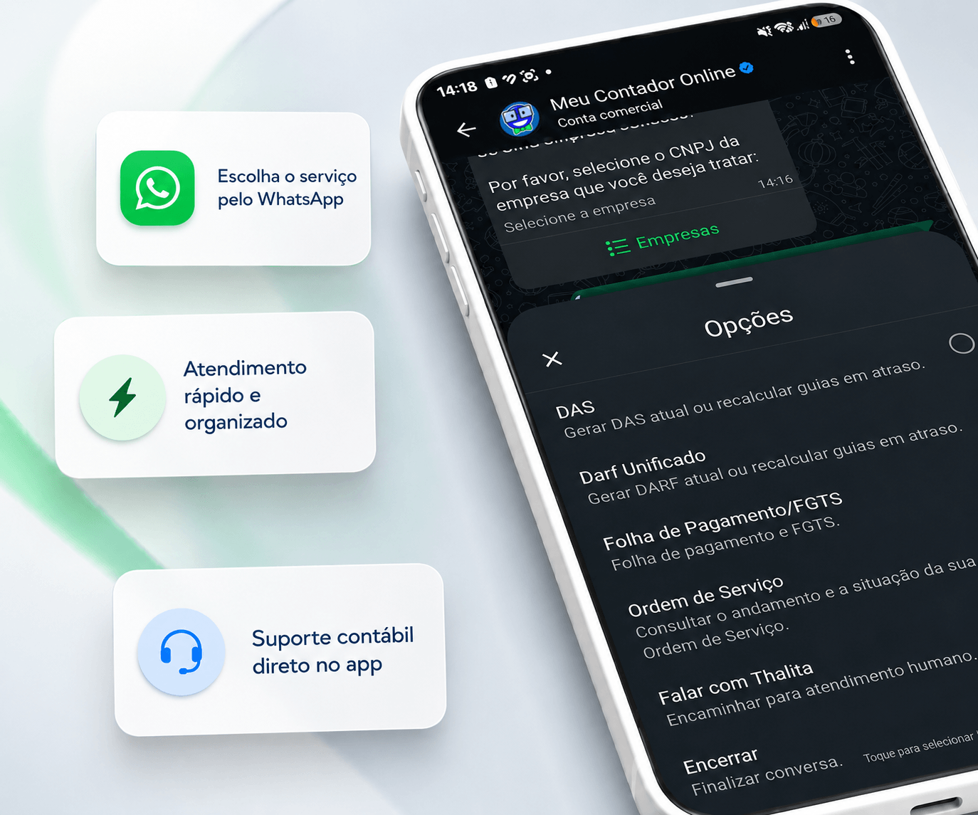 WhatsApp do Meu Contador Online, menu de atendimento com PIM