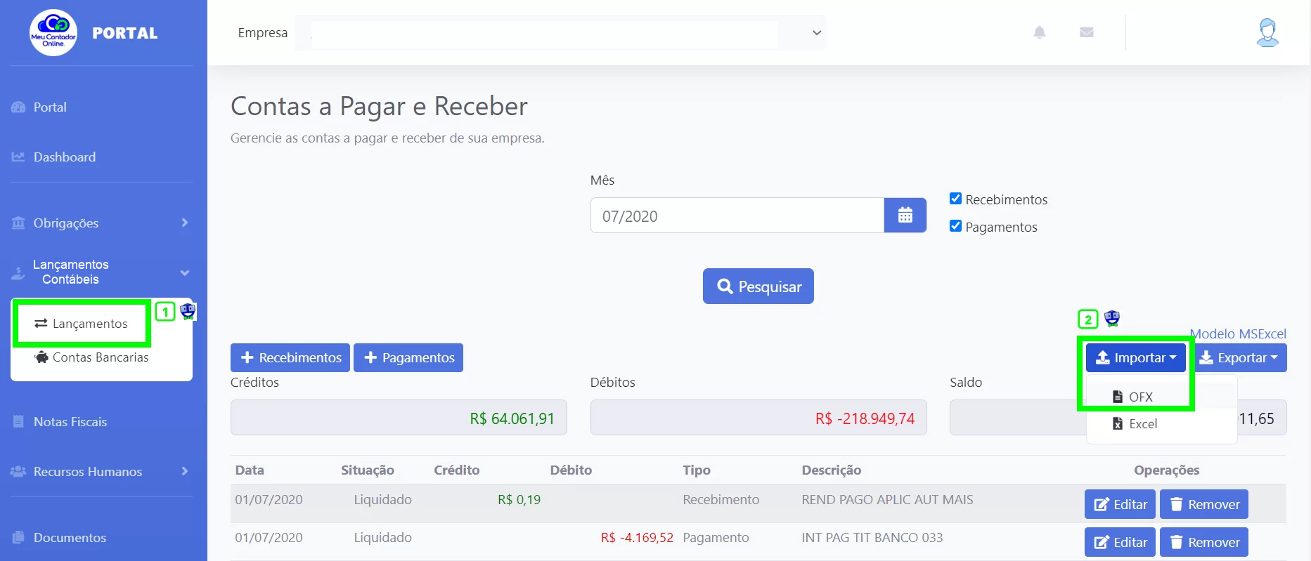 Contas à pagar e receber