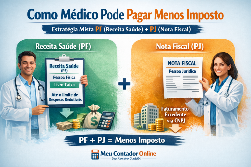 Como médico pode pagar menos imposto com estratégia mista PF (Receita Saúde) + PJ (Nota Fiscal) - Meu Contador Online