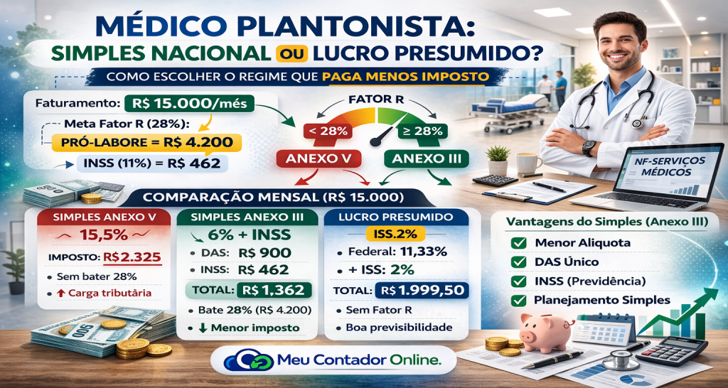 Médico plantonista: Simples Nacional ou Lucro Presumido? (Guia completo para iniciante – R$ 15.000/mês) - Meu Contador Online
