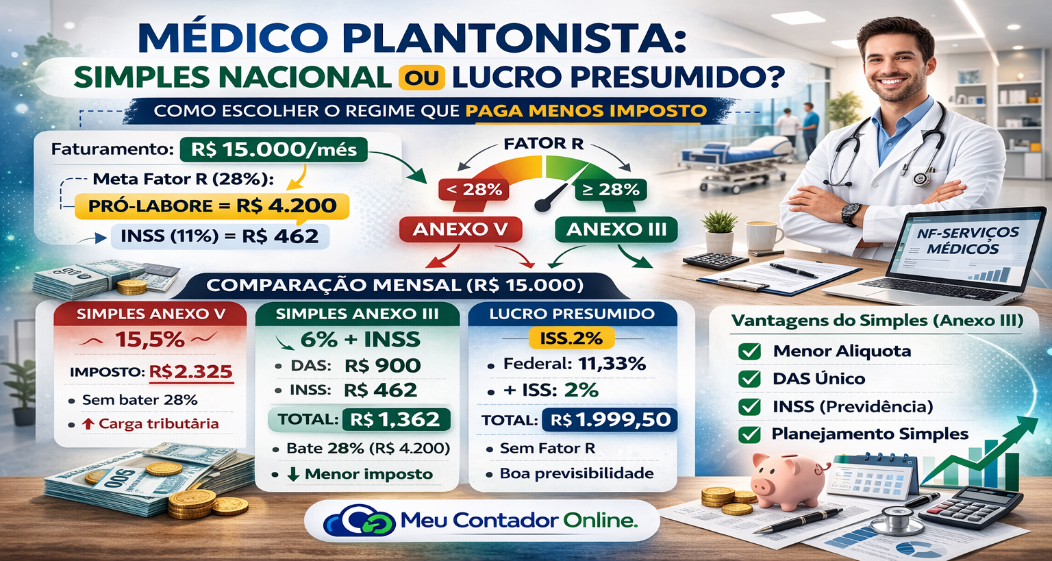 Médico plantonista: Simples Nacional ou Lucro Presumido? (Guia completo para iniciante – R$ 15.000/mês) - Meu Contador Online