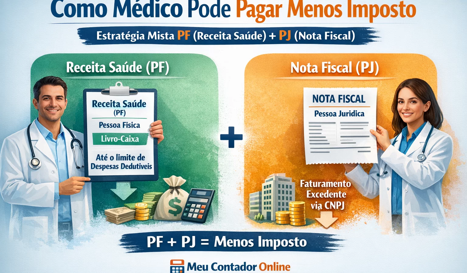Como médico pode pagar menos imposto com estratégia mista PF (Receita Saúde) + PJ (Nota Fiscal) - Meu Contador Online